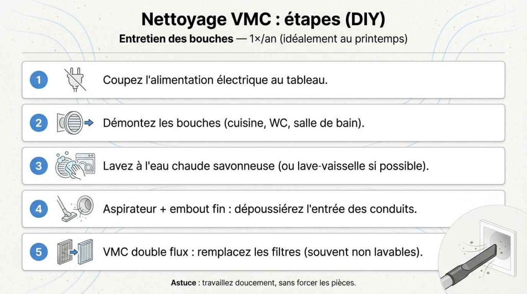 Infographie des étapes clefs pour nettoyer sa VMC