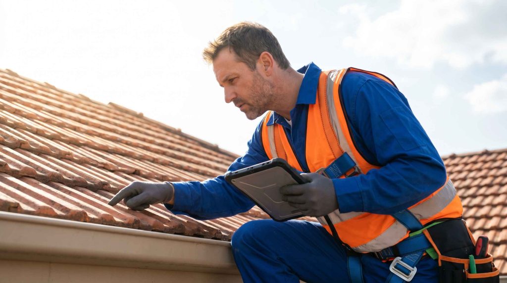 Image illustrant un technicien effectuant une visite de toiture avant devis avant pose de panneaux photovoltaïque