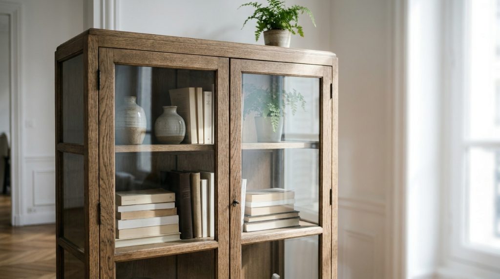 Photographie d'un aménagement intérieur avec une bibliothèque en bois installée contre un mur porteur : emplacement optimisé
