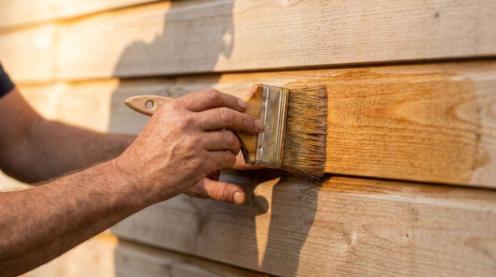 Photographie d'un propriétaire d'une maison avec une façade en bois en train de la lasurer.