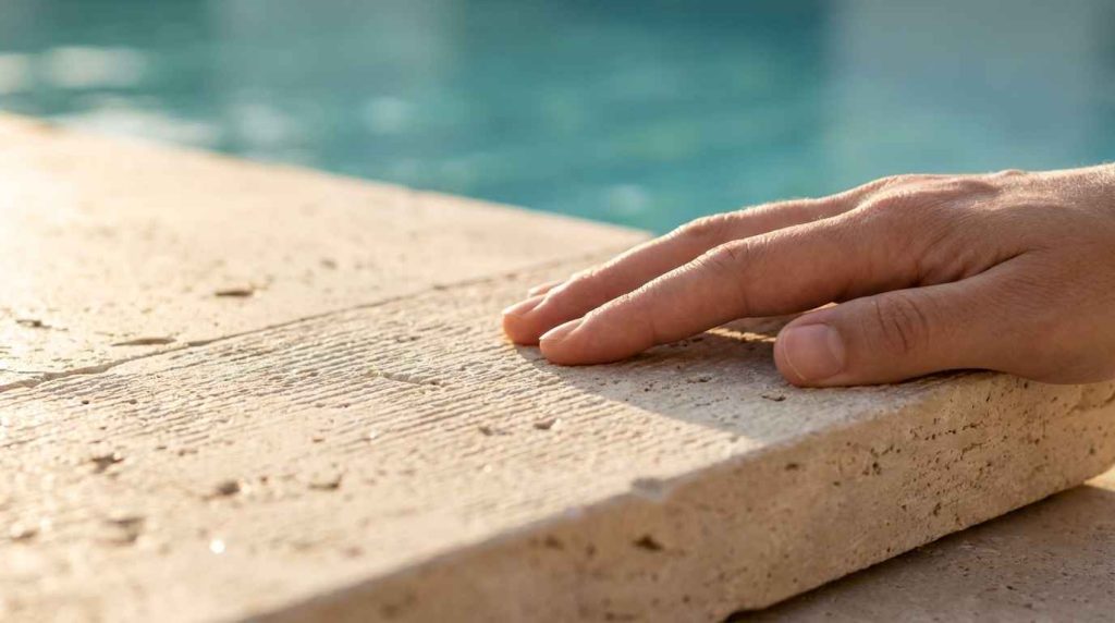 Photo d'une main posée sur une margelle de piscine en pierre naturelle