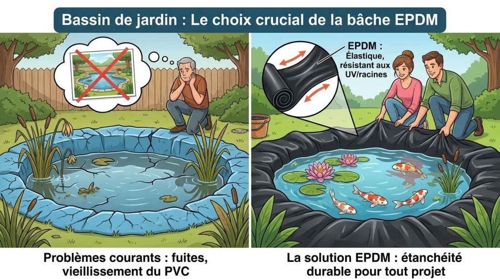Infographie mettant en miroir deux situation : à gauche un cas de bassin de jardin sans bâche EPDM ; à droite un bassin de jardin avec bâche EPDM, il n'y a plus de problèmes.