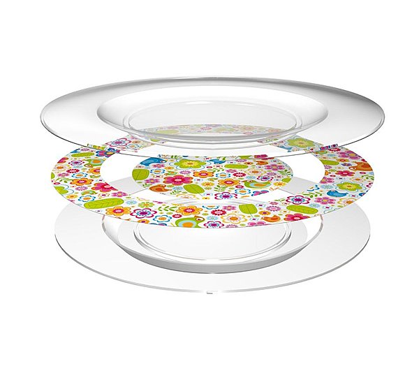Deux assiettes de polycarbonate et un décor entre les deux