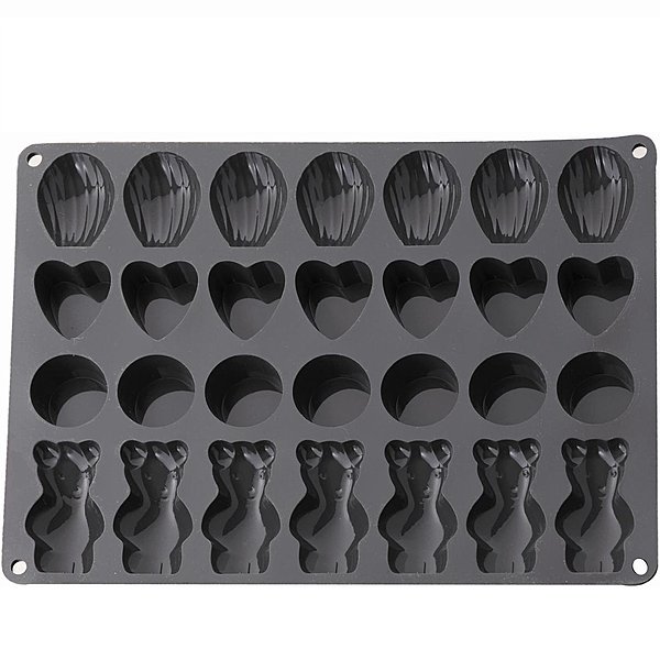 7 - Moule "king size" Assortiment. Silicone. Supporte les températures entre - 40°C et + 260°C. Anti-adhérent. Démoulage facile. Nettoyage au lave-vaisselle. 28 empreintes : 7 cœurs, 7 oursons, 7 palets, 7 madeleines. Garantie inusable. 19,90 €