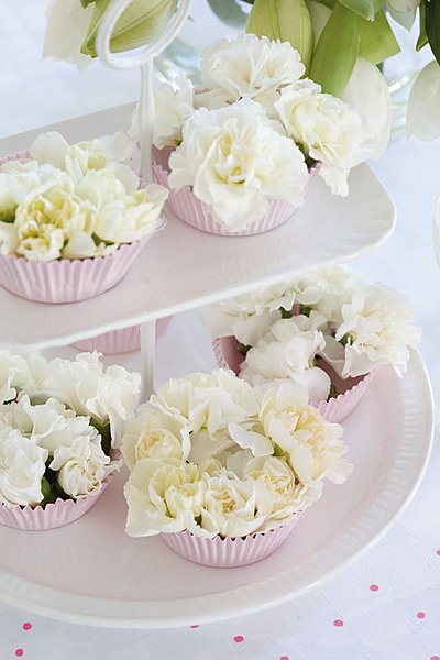 Les oeillets blancs deviennent gourmands dans les caissettes de patissier