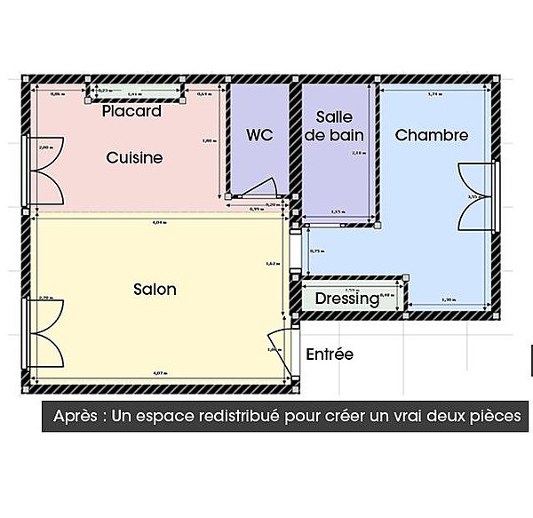 Après : un espace redistribué pour créer un vrai 2 pièces
