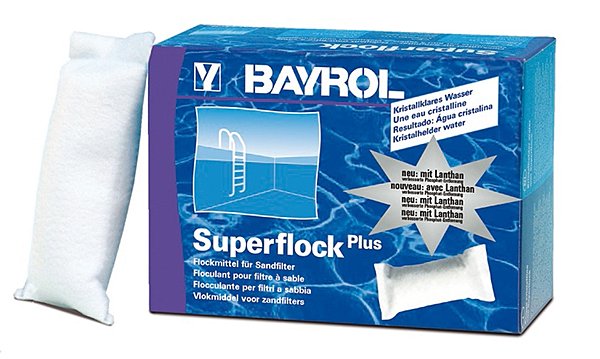 Pour éliminer les plus fines particules que le filtre ne peut pas retenir, un floculant est nécessaire. Performant, il est efficace pendant 1 à 2 semaines. Superflock Plus. Bayrol.