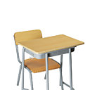 Comme autrefois, une table et une chaise d’écolier en métal peint et bois. La table : L 40 x P 66 x H 60 cm. La Chaise Longue.