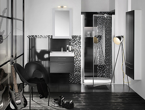 Inspiration jazzy pour cet ensemble qui se compose d'un plan vasque moulé blanc brillant et d'un meuble sous plan doté d'une façade noire structurée de L 60 cm. Ligne Inspirations. Collection Delphy. Delpha.