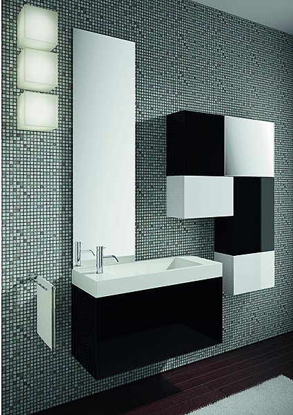 Une salle de bains modulable et personnalisable grâce à un ensemble de meubles de tailles différentes. Existe en 42 teintes de laque ou de bois. Gulliver. Cédéo.