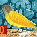 L'oiseau jaune sur fond peint et collages de papiers.