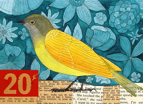 L'oiseau jaune sur fond peint et collages de papiers.