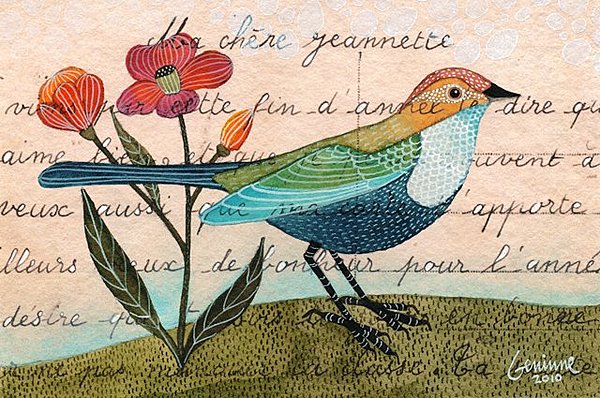 Oiseau vert peint sur dos de carte postale