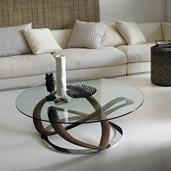 Table basse Infinity en noyer, cristal et acier, design Stefano Bigi pour Porada
