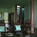 Dans le salon du bâtiment bleu aux murs délavés, coussins en soie turquoise Tendance Khmère