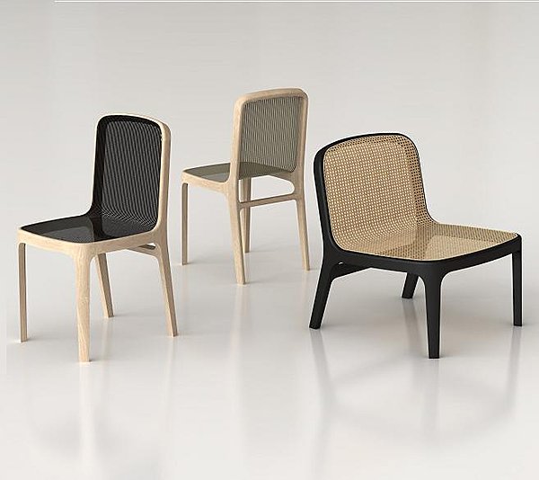 Tendues à la façon d'un tamis, les assises de la chaise ou la chauffeuse Yumé sont faite de cannage ou de batyline