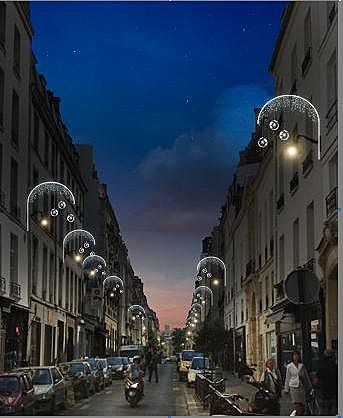 Rue Vieille du Temple avec des arcs de lumière