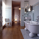 Une salle de bains dans le vrai style Putman: blanche, chrome, claire, nette et contemporaine