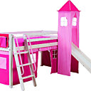 Une cabane à composer soi-même. A la base, un lit surélevé de 90 x 190 cm en pin massif, vendu sans matelas. 139 €. On y a ajouté une tour de H 198 cm en pin massif habillé d’un tissu rose, 29,90 €, et d’un rideau, 19,90 €. Roxy. Conforama.