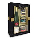 Coffret de foie gras de canard ou d'oie, rillettes d'oie ou de canard, compotine de fruits secs et bouteille de pinot gris ou gewurztraminer à 22 euros