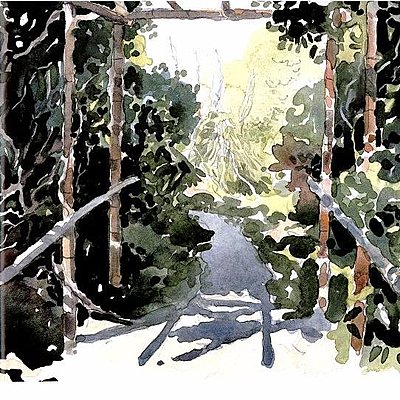 Protégé et exposé plein sud, le jardin exotique accueille des espèces du bout du monde aimant la chaleur (aquarelle de Jean-Loup Eve)