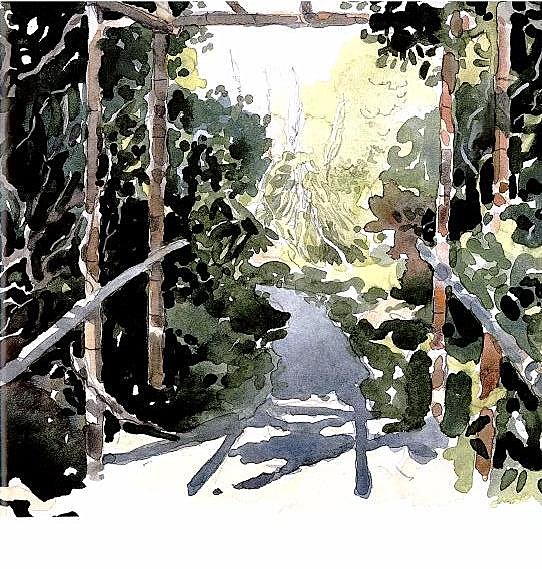 Protégé et exposé plein sud, le jardin exotique accueille des espèces du bout du monde aimant la chaleur (aquarelle de Jean-Loup Eve)