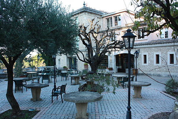 La terrasse de l'auberge de Noves, manoir en pierre de Porvence