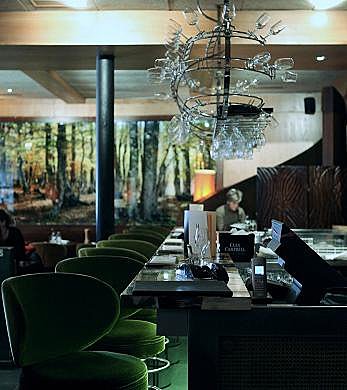 Décor contemporain mêlé à des posters de prairies aveyronnaises