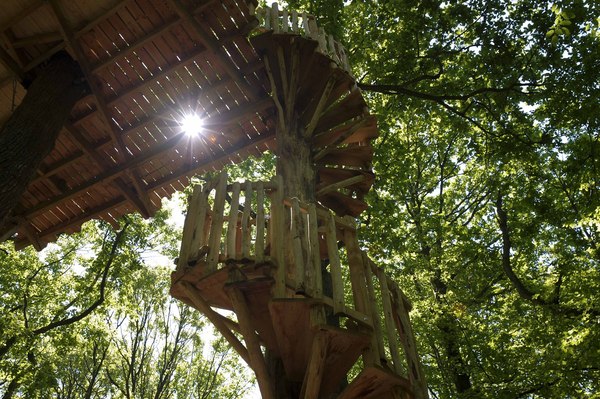 S'enroulant autour de l'arbre, l'escalier vous mènera au 7ème ciel (cabane Perle)