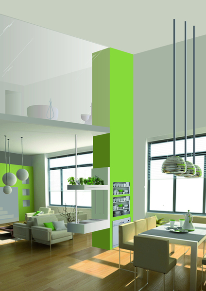 « Re-Source » est un concept de cuisine qui envisage le recyclage de l’eau utilisée dans la cuisine grâce à sa filtration par un potager hydroponique (les plantes sont cultivées sur une substance neutre qui remplace la terre) surmontant le plan de travail. Aurore Fontaine, Tony Jouanneau, Marie Hautecoeur. Concept. © Fontaine-Hautecœur-Jouanneau