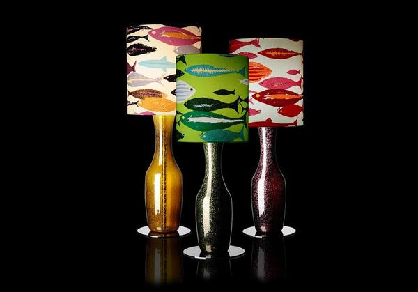 Lampes Portofino par Ken Scott avec leurs abat jour en lin imrpimé façon sixties, Venini