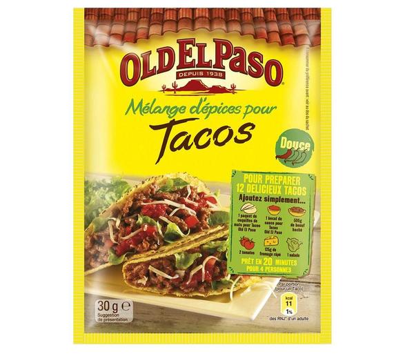 Dîner mexicain avec le mélange d'épices pour préparer de délicieux tacos, Old El Paso