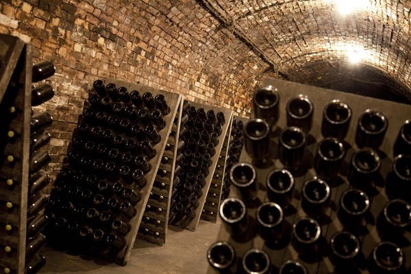 Les pupitres accueillent les bouteilles dans les caves le temps de la vinification