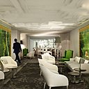 Le hall s'ouvre sur le bar, prolongement de la verdure du jardin intérieur