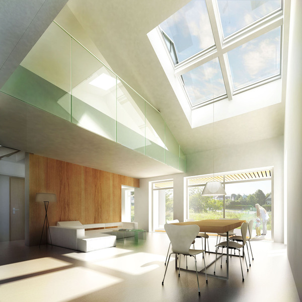 Généreuse, la lumière naturelle est très prisée dans la maison. La surface vitrée représente 33%  de la surface habitable totale, soit le double des 16,7 % réglementaires de la RT 2012.