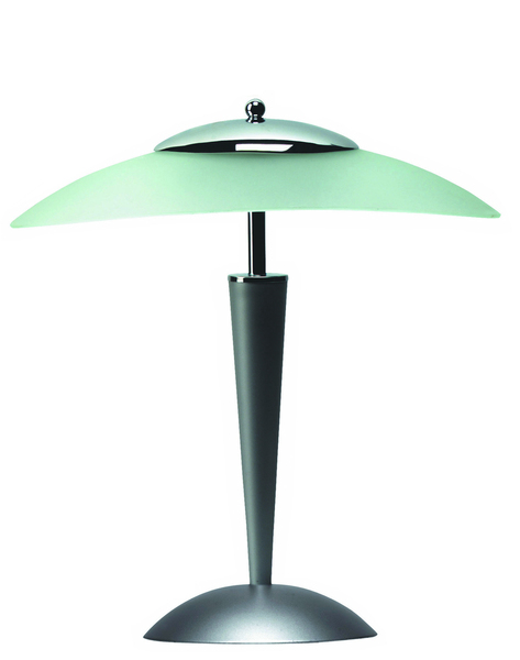 Une lampe de bureau en métal gris mat avec un abat-jour en verre satiné. L 44 x H 47 cm. 2 x 9 W. 79 €. Cristallo. EPI Luminaires.