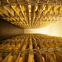 Les fromages à base de lait de chèvre sont conservés dans une cave d'affinage.