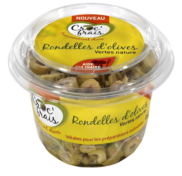 Les rondelles d’olives vertes nature Croc’frais : idéales pour tous les accompagnements culinaires, merveilleuses dans les cakes et salades. Existe aussi en Rondelles d’olives noires piquantes et Rondelles d’olives vertes aux herbes… pour varier les plaisirs.
