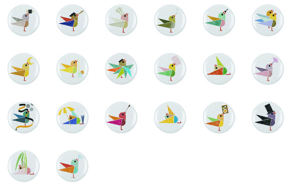 Une collection de 20 oiseaux à adopter en badge : birdy coktail, birdy holiday, birdy artiste, birdy gentleman en passant par le birdy smoker, tous les goûts sont dans la nature !