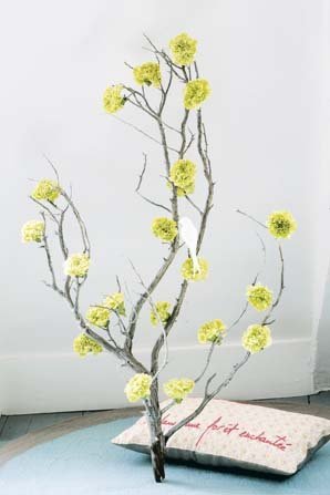 Piquez des fleurs d'oeillets sur une branche, comme des bourgeons, avant de placer cette dernière dans un vase ou sur votre mobilier, en guise de décoration.