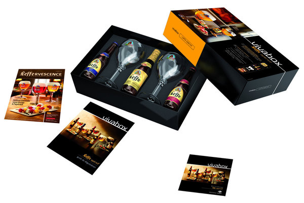 Coffret « Vivabox apéritif » composé de trois variétés de bières, deux verres ainsi que les recettes élaborées par Hélène Darroze.