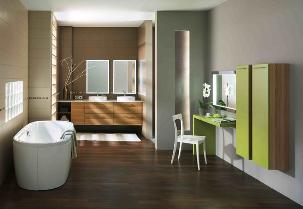 Alliée aux petites touche de couleur, le bois donne à la pièce une impression de sérénité. Bornéo. Schmidt.