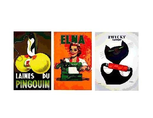 Sélection d'affiches publicitaires anciennes traitant de couture, broderie et tricot à la Galerie Michel Graglia