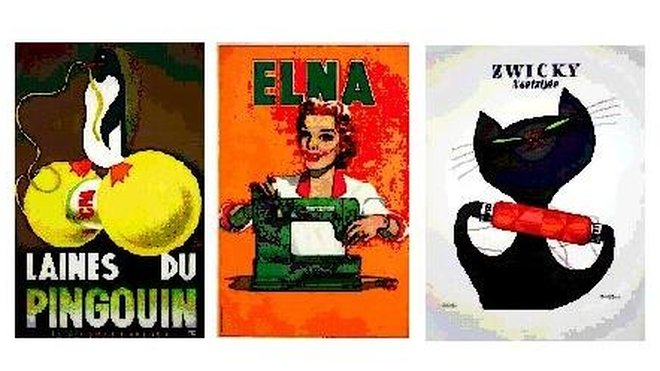 Sélection d'affiches publicitaires anciennes traitant de couture, broderie et tricot à la Galerie Michel Graglia