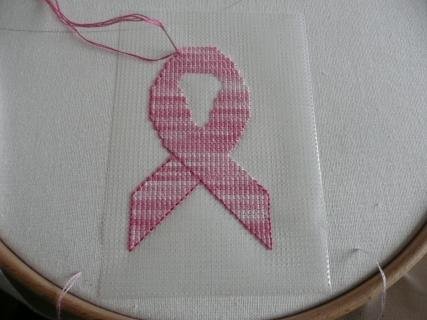 Le Soluble Canvas est bâti sur le support et  le ruban rose brodé au point de croix