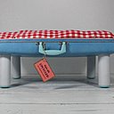 Des pieds droits  blancs pour une Samsonite bleue hors d'usage feront très bien l'affaire pour un chat raffiné d'envergure internationale et à l'esprit worldwide.