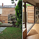 Du bois, à l’extérieur, avec des volets en lattes profilées posées à claire voie et, à l’intérieur, au sol de la nouvelle pièce-à-vivre, avec un parquet en bambou massif.