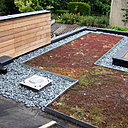 La toiture-terrasse végétalisée accueille des plantes grasses sans entretien. Elle voisine avec les zones stériles en graviers et les différentes ouvertures.