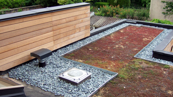 La toiture-terrasse végétalisée accueille des plantes grasses sans entretien. Elle voisine avec les zones stériles en graviers et les différentes ouvertures.