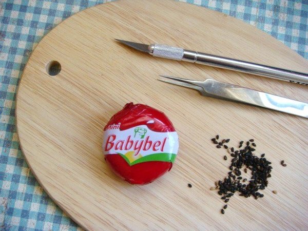 Un Mini Bel,une planche à découper, un cutter à lame fine, une pince à épiler et des graines de pavots.